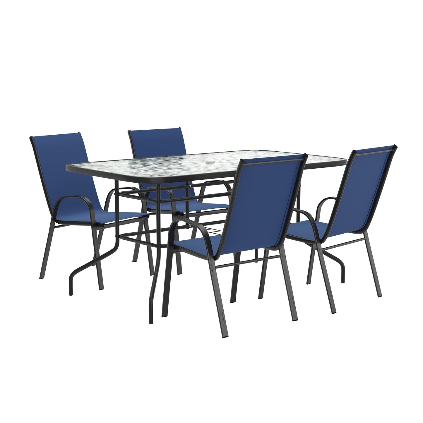 Brazos 5 Piece Outdoor Patio Dining Set - Tempered Glass Patio Table, 4 Flex Comfort Stack Chairs