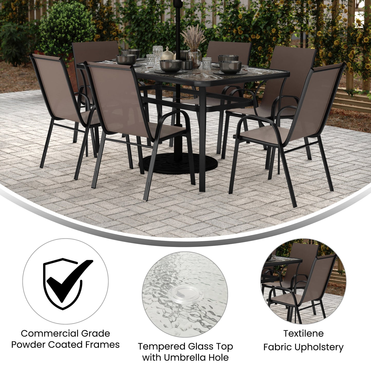 Brazos 7 Piece Commercial Grade Patio Dining Set with Tempered Glass Patio Table and 6 Chairs with Flex Comfort Material Seats and Backs