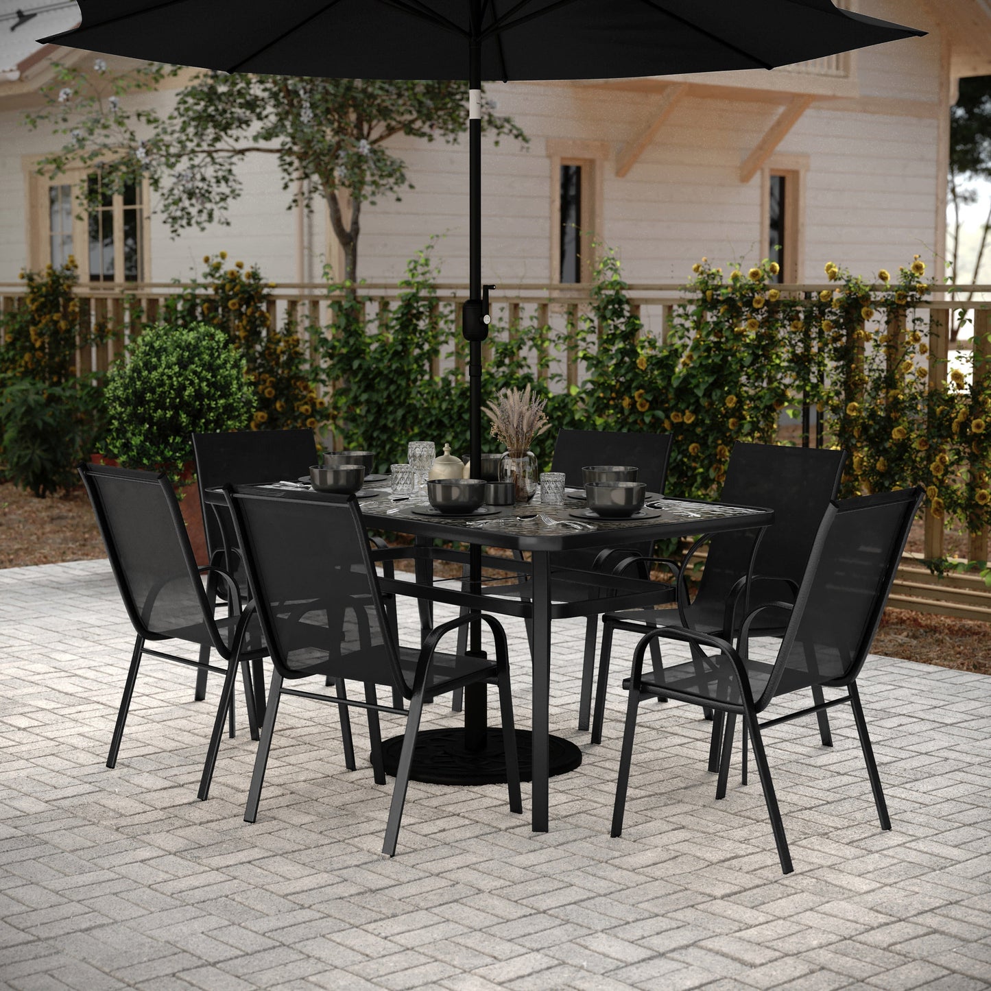 Brazos 7 Piece Commercial Grade Patio Dining Set with Tempered Glass Patio Table and 6 Chairs with Flex Comfort Material Seats and Backs