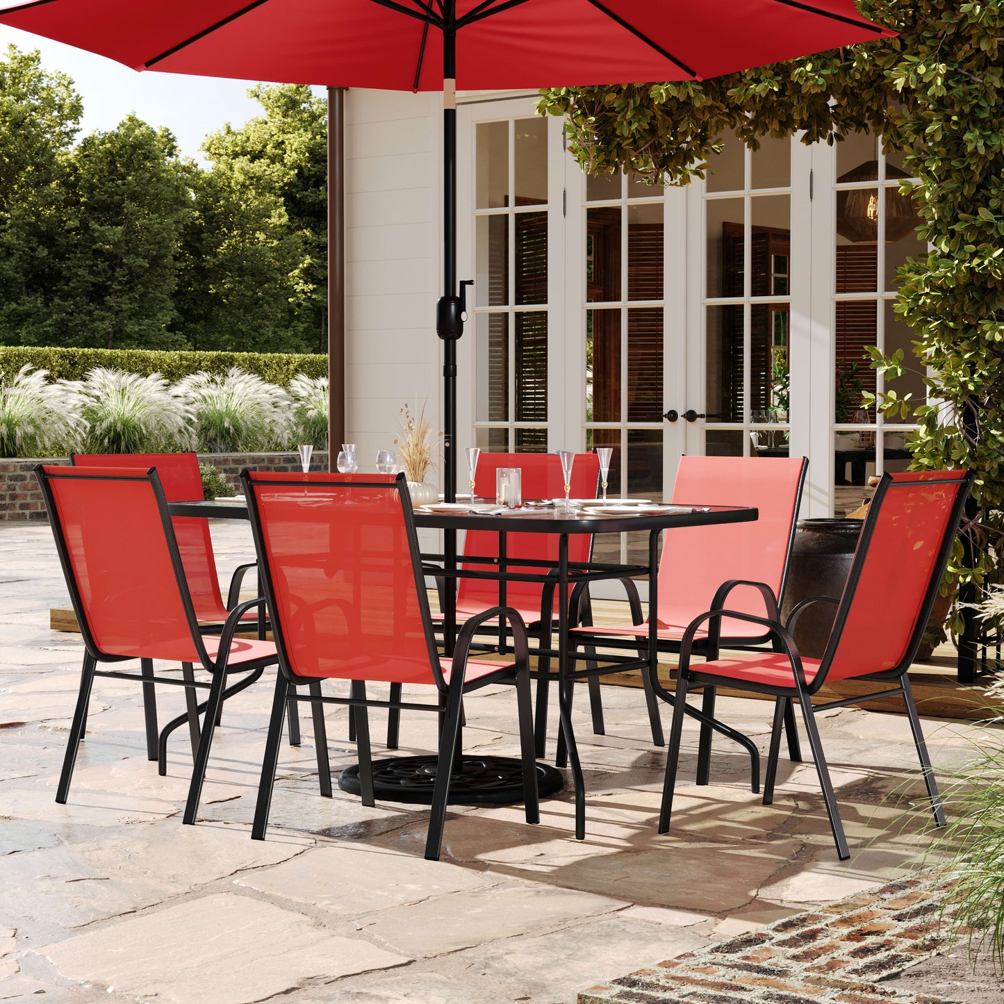 Brazos 7 Piece Outdoor Patio Dining Set - Tempered Glass Patio Table, 6 Flex Comfort Stack Chairs