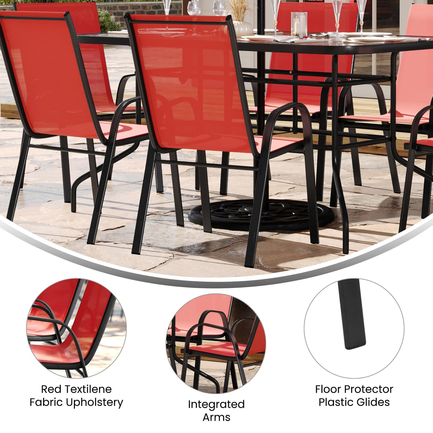 Brazos 7 Piece Outdoor Patio Dining Set - Tempered Glass Patio Table, 6 Flex Comfort Stack Chairs