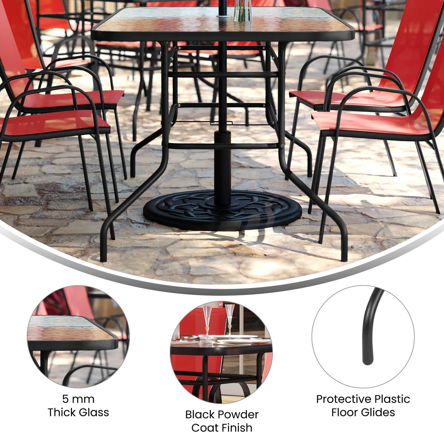 Brazos 7 Piece Outdoor Patio Dining Set - Tempered Glass Patio Table, 6 Flex Comfort Stack Chairs