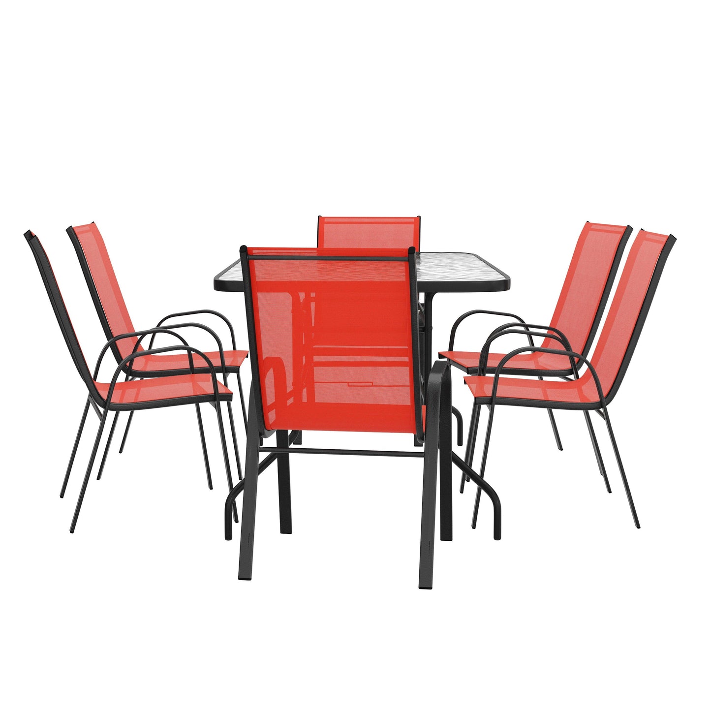 Brazos 7 Piece Outdoor Patio Dining Set - Tempered Glass Patio Table, 6 Flex Comfort Stack Chairs
