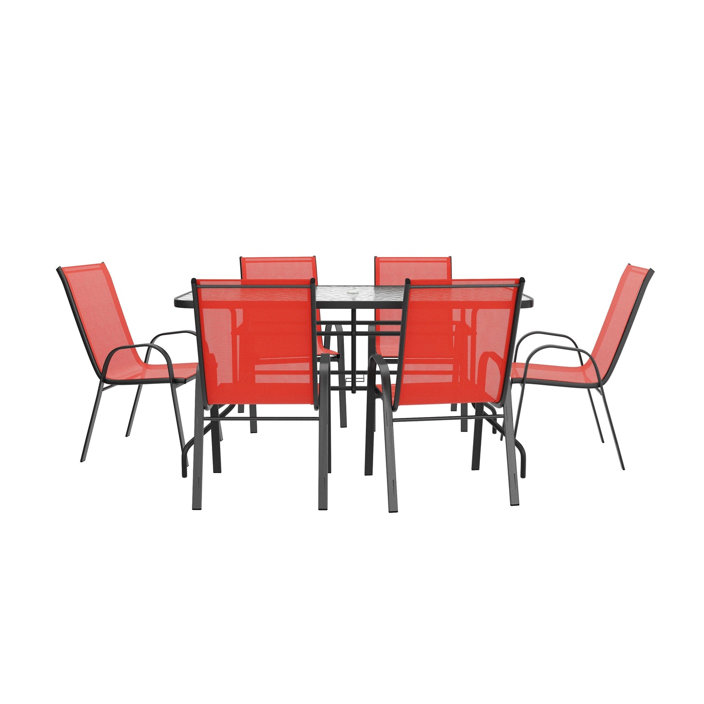 Brazos 7 Piece Outdoor Patio Dining Set - Tempered Glass Patio Table, 6 Flex Comfort Stack Chairs