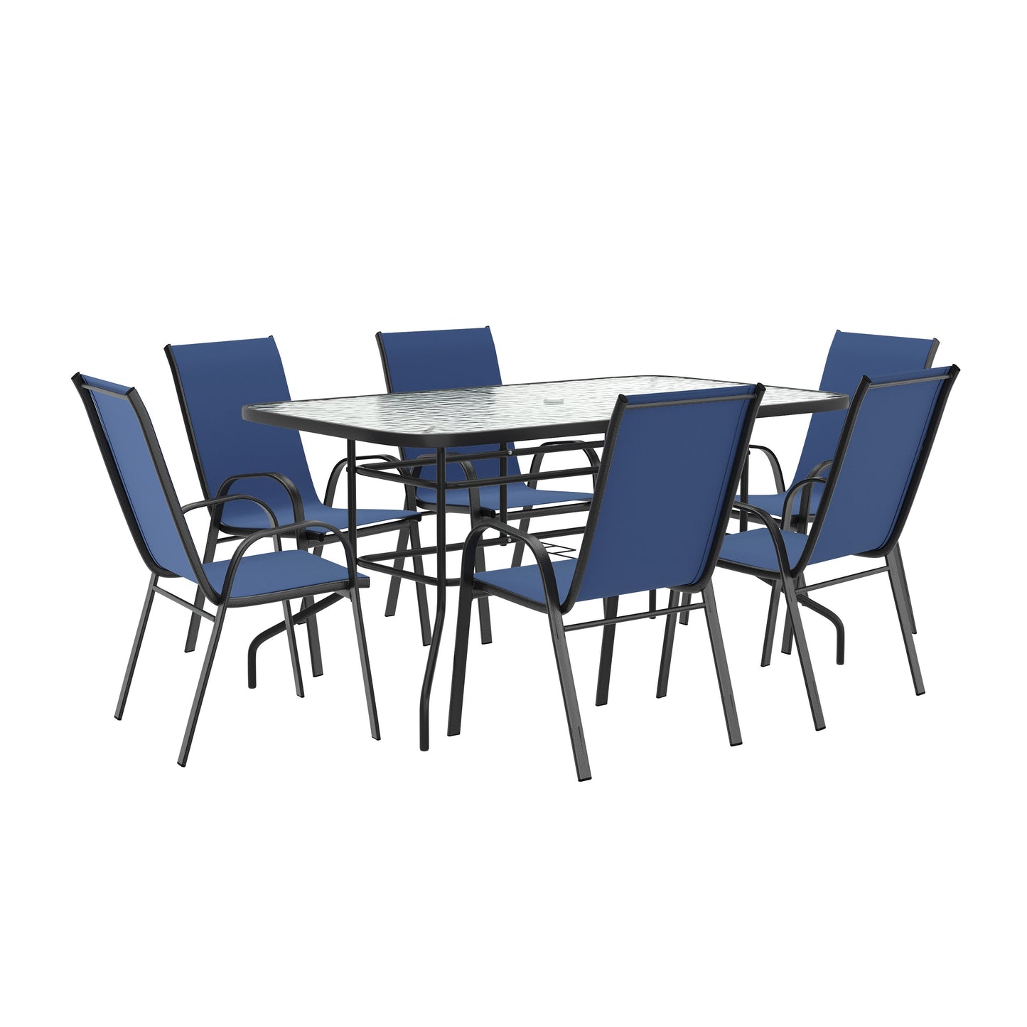Brazos 7 Piece Outdoor Patio Dining Set - Tempered Glass Patio Table, 6 Flex Comfort Stack Chairs