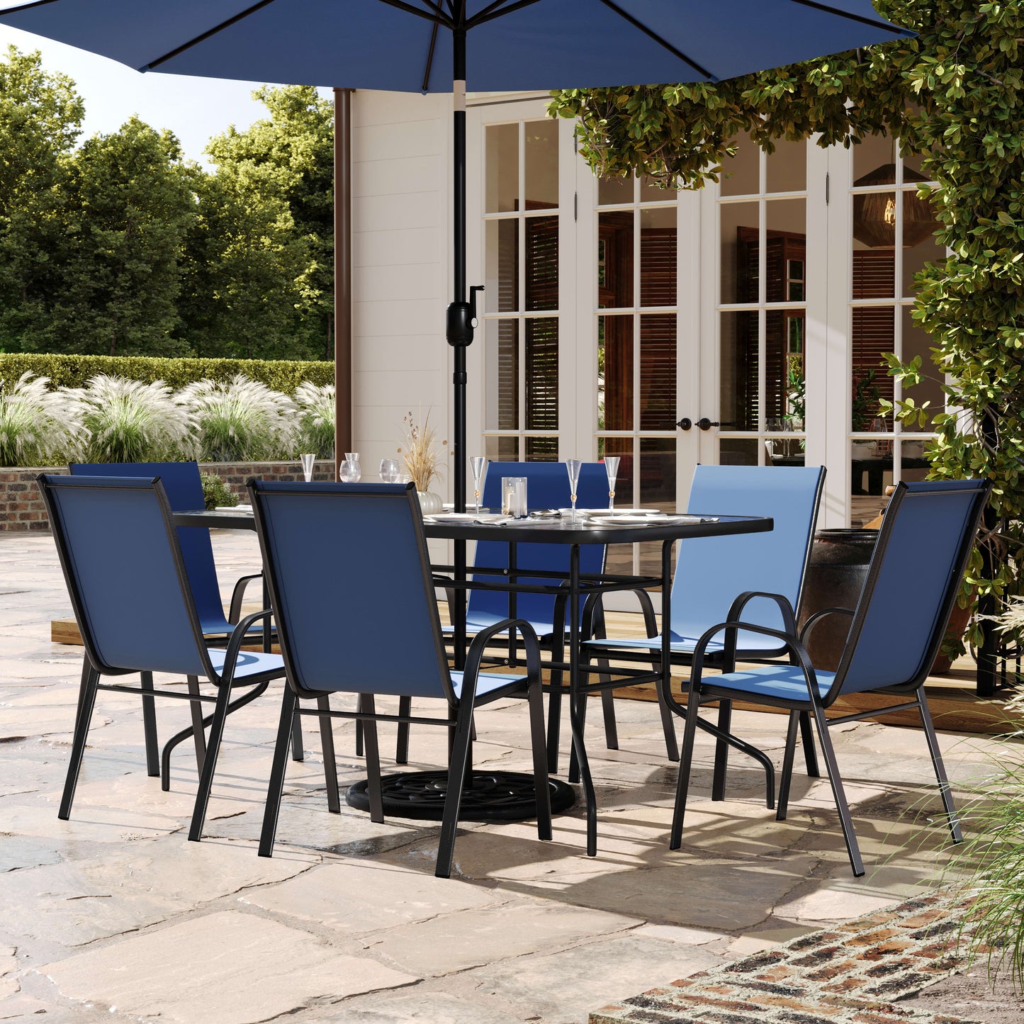 Brazos 7 Piece Outdoor Patio Dining Set - Tempered Glass Patio Table, 6 Flex Comfort Stack Chairs