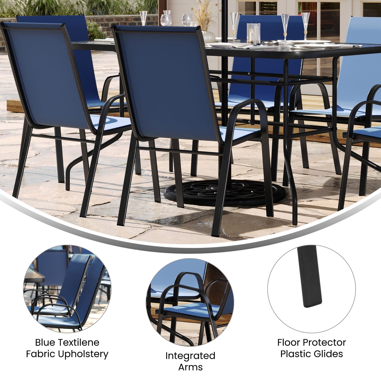 Brazos 7 Piece Outdoor Patio Dining Set - Tempered Glass Patio Table, 6 Flex Comfort Stack Chairs