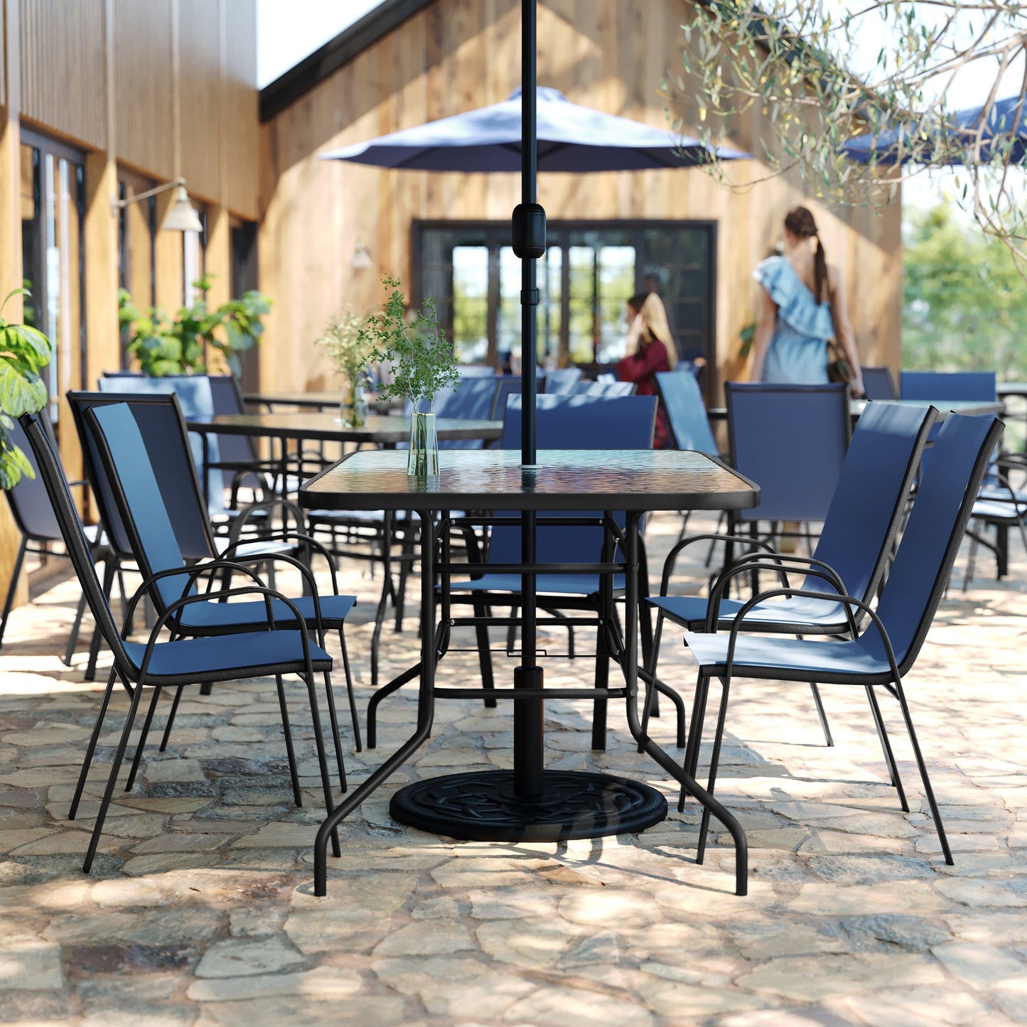 Brazos 7 Piece Outdoor Patio Dining Set - Tempered Glass Patio Table, 6 Flex Comfort Stack Chairs