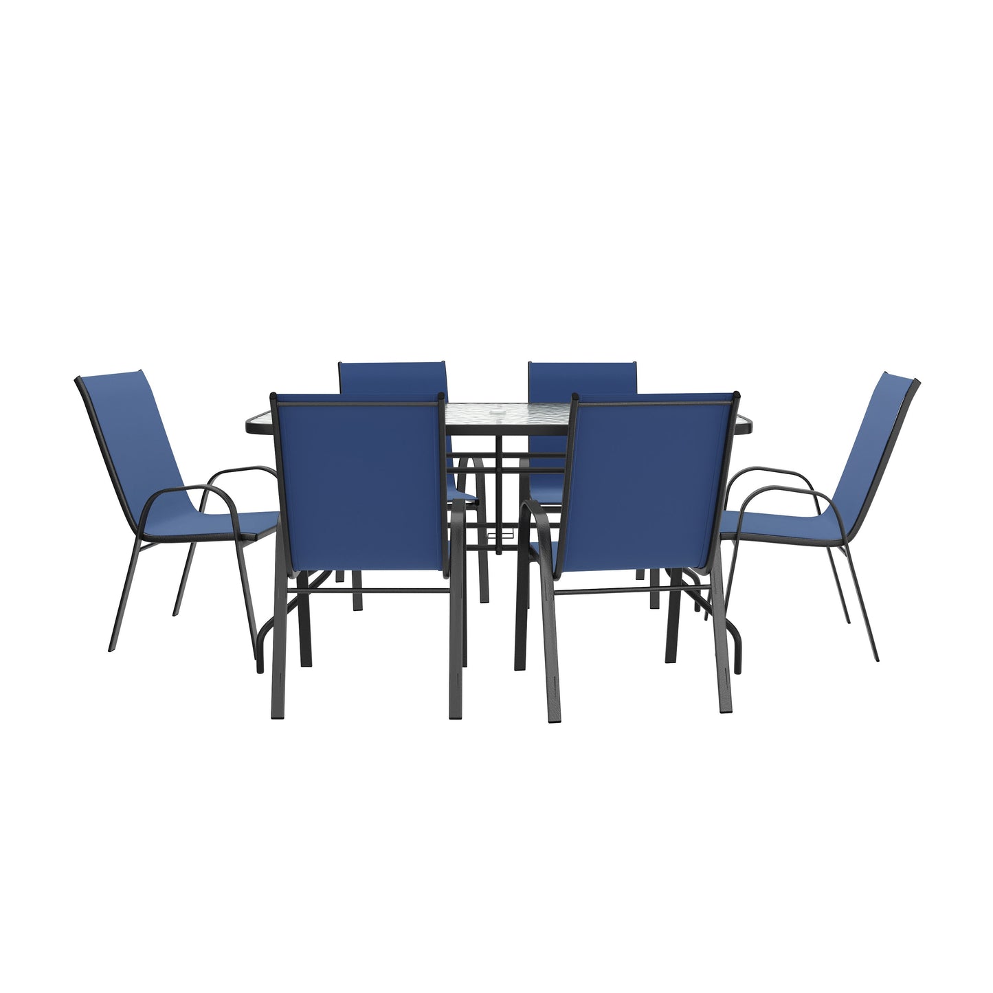 Brazos 7 Piece Outdoor Patio Dining Set - Tempered Glass Patio Table, 6 Flex Comfort Stack Chairs