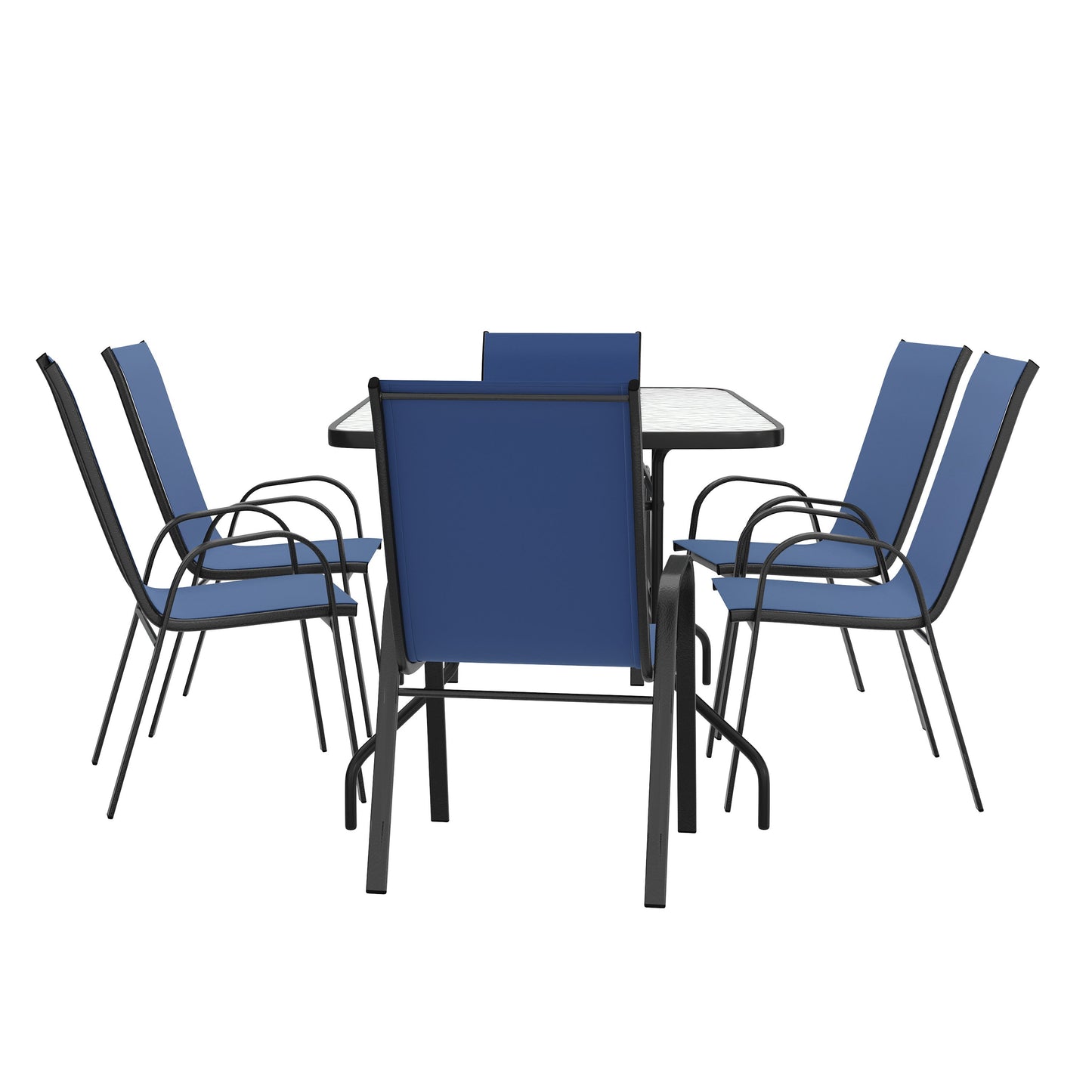 Brazos 7 Piece Outdoor Patio Dining Set - Tempered Glass Patio Table, 6 Flex Comfort Stack Chairs