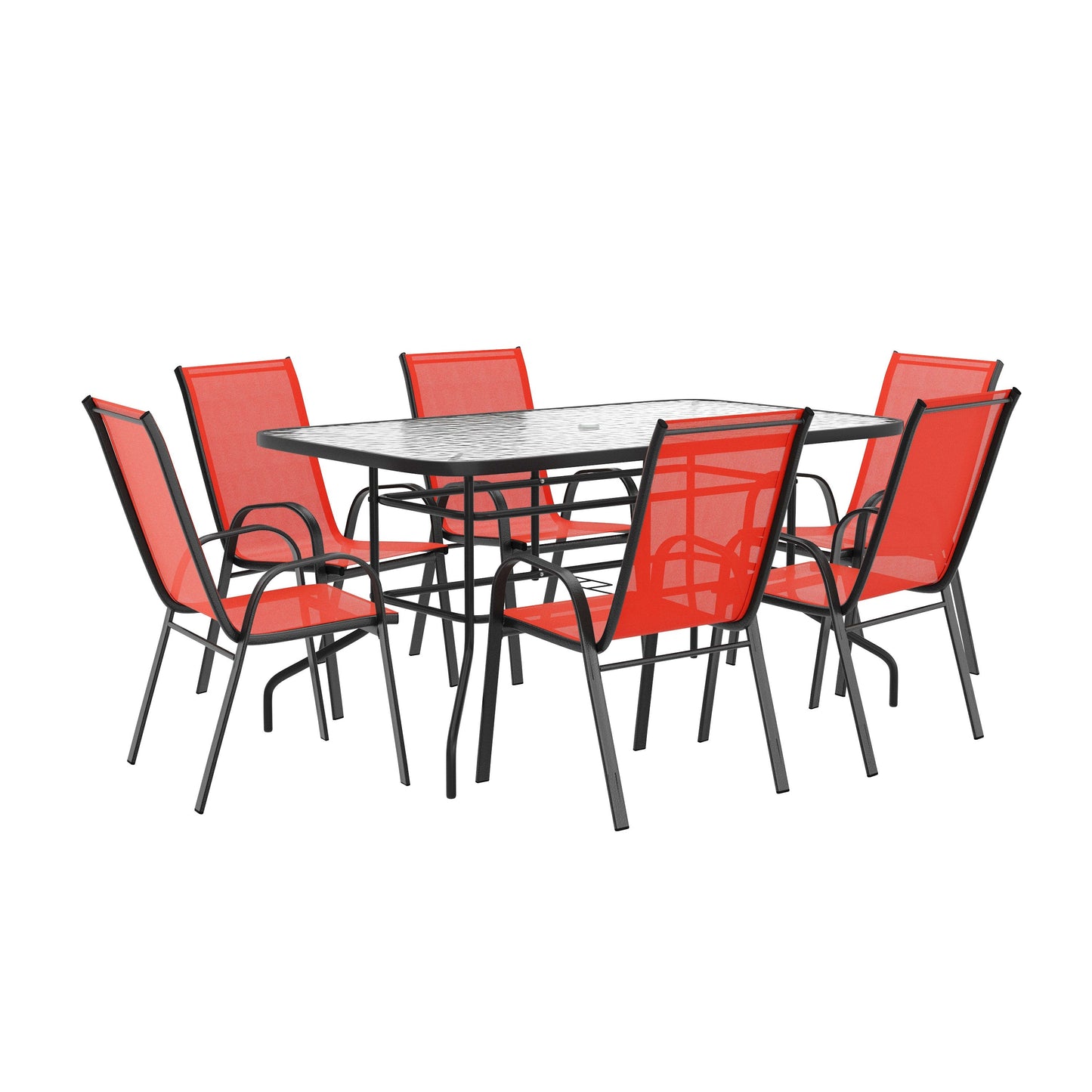 Brazos 7 Piece Outdoor Patio Dining Set - Tempered Glass Patio Table, 6 Flex Comfort Stack Chairs