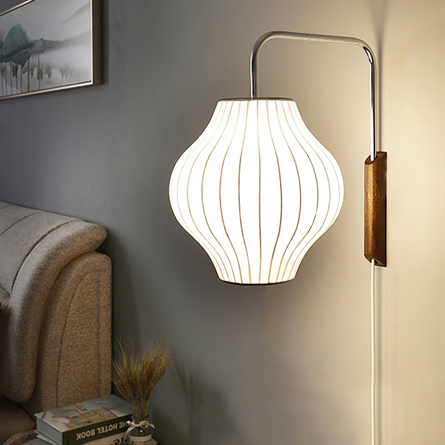 Ribbed Oval Wall Sconce With Pull Chain And Curved Arm