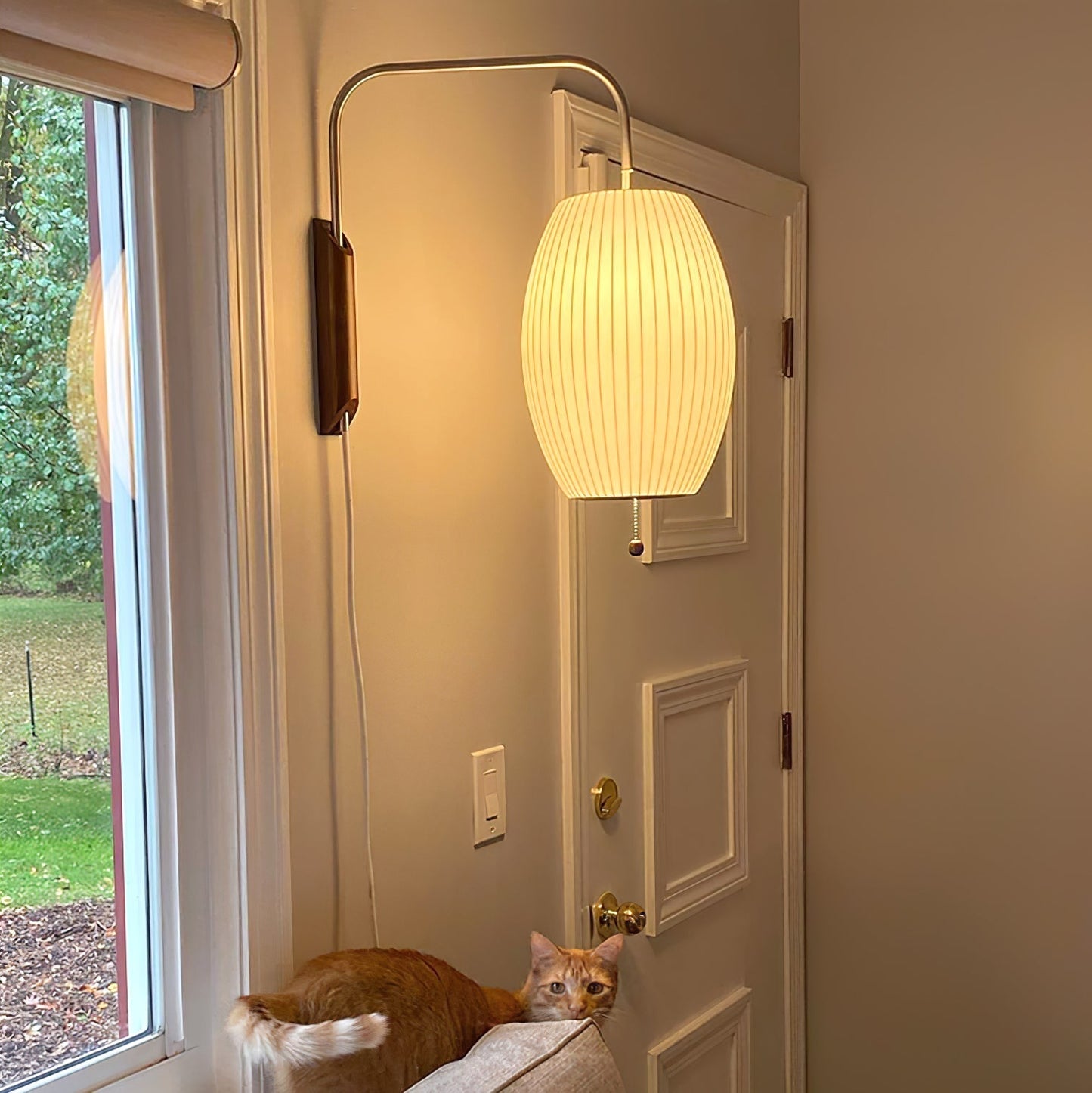 Ribbed Oval Wall Sconce With Pull Chain And Curved Arm