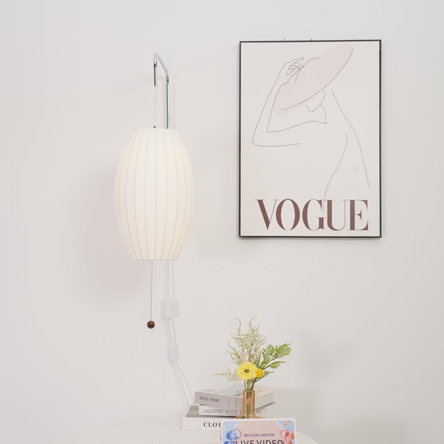 Ribbed Oval Wall Sconce With Pull Chain And Curved Arm