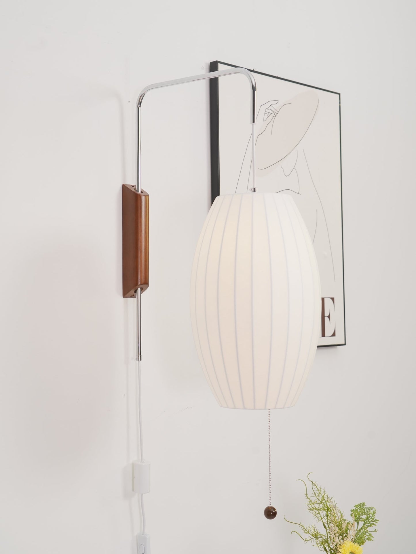 Ribbed Oval Wall Sconce With Pull Chain And Curved Arm
