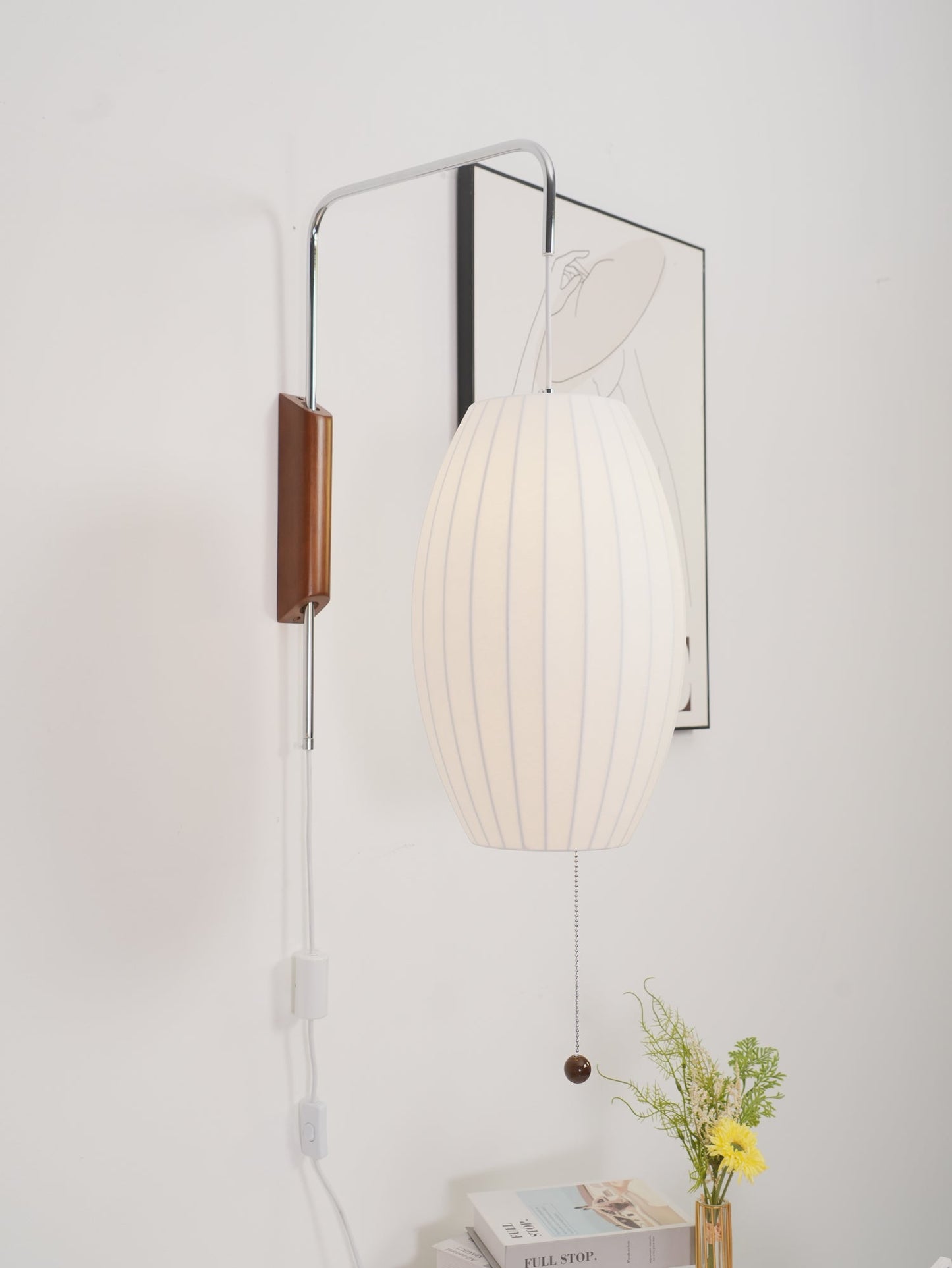 Ribbed Oval Wall Sconce With Pull Chain And Curved Arm