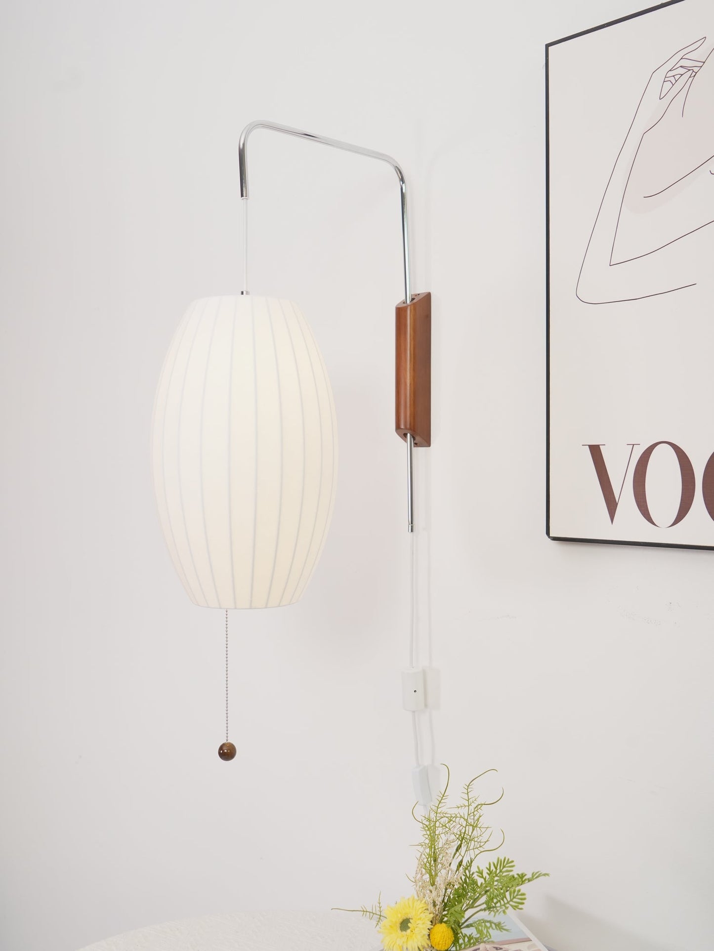 Ribbed Oval Wall Sconce With Pull Chain And Curved Arm