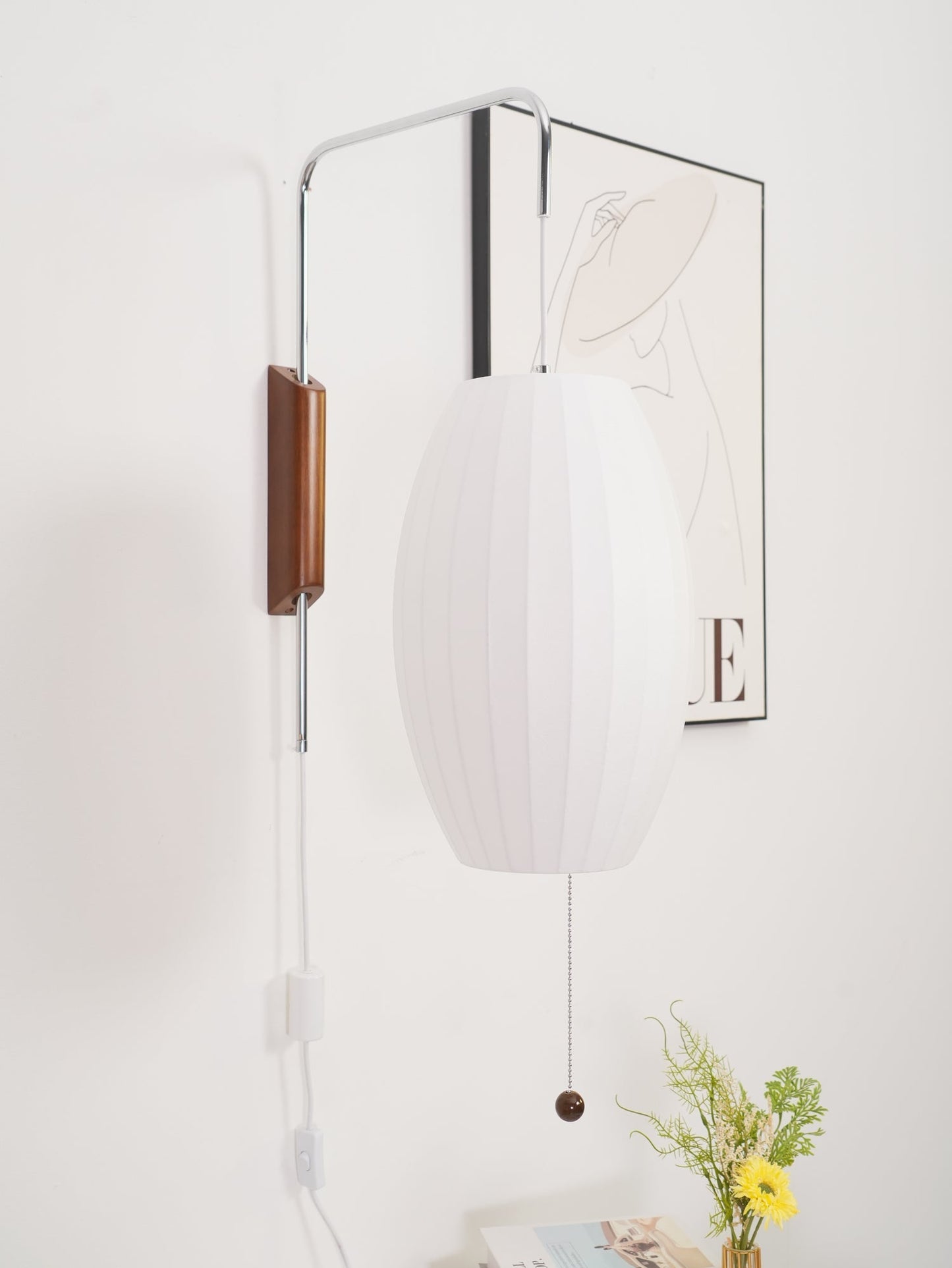 Ribbed Oval Wall Sconce With Pull Chain And Curved Arm