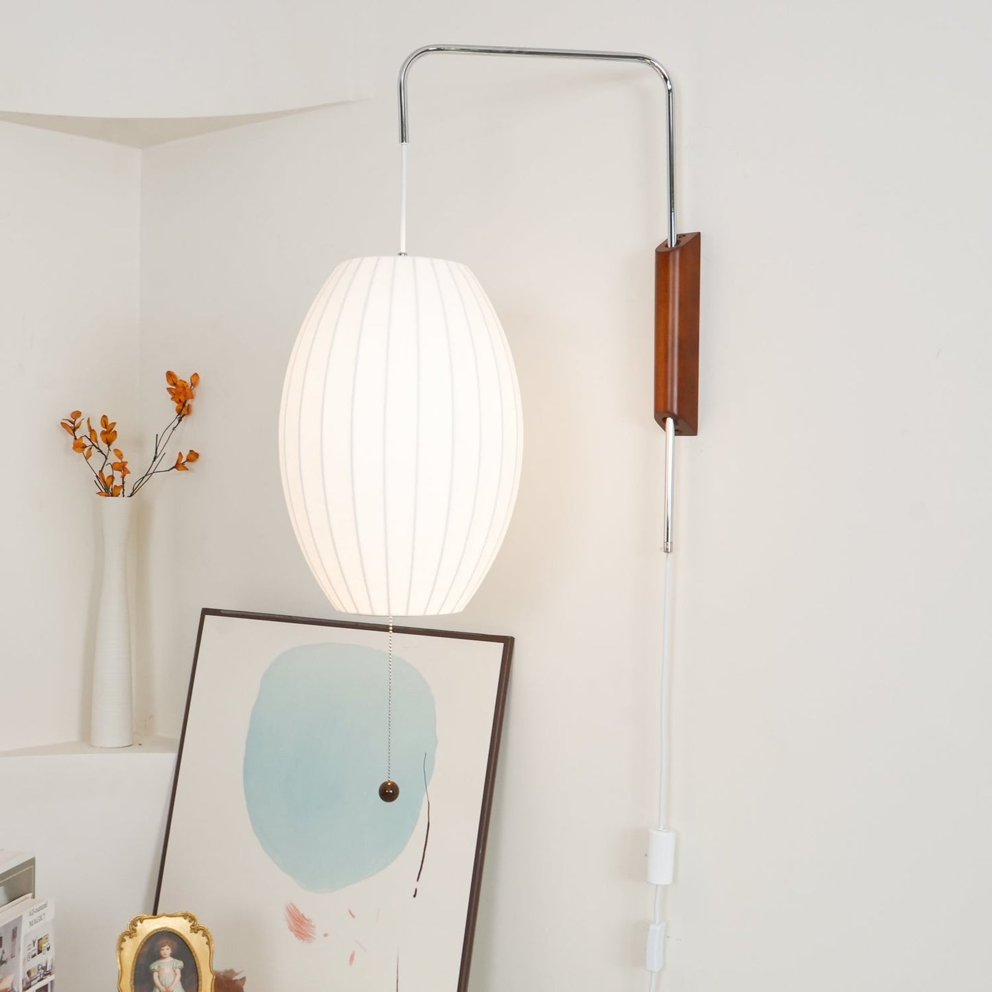 Ribbed Oval Wall Sconce With Pull Chain And Curved Arm