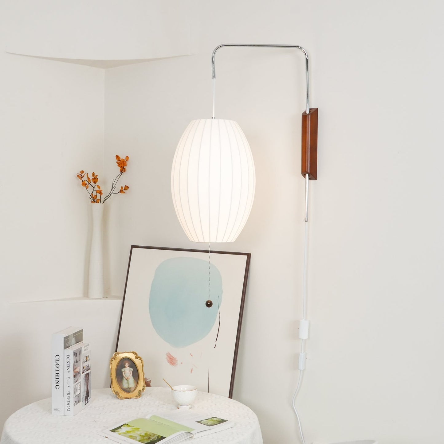 Ribbed Oval Wall Sconce With Pull Chain And Curved Arm