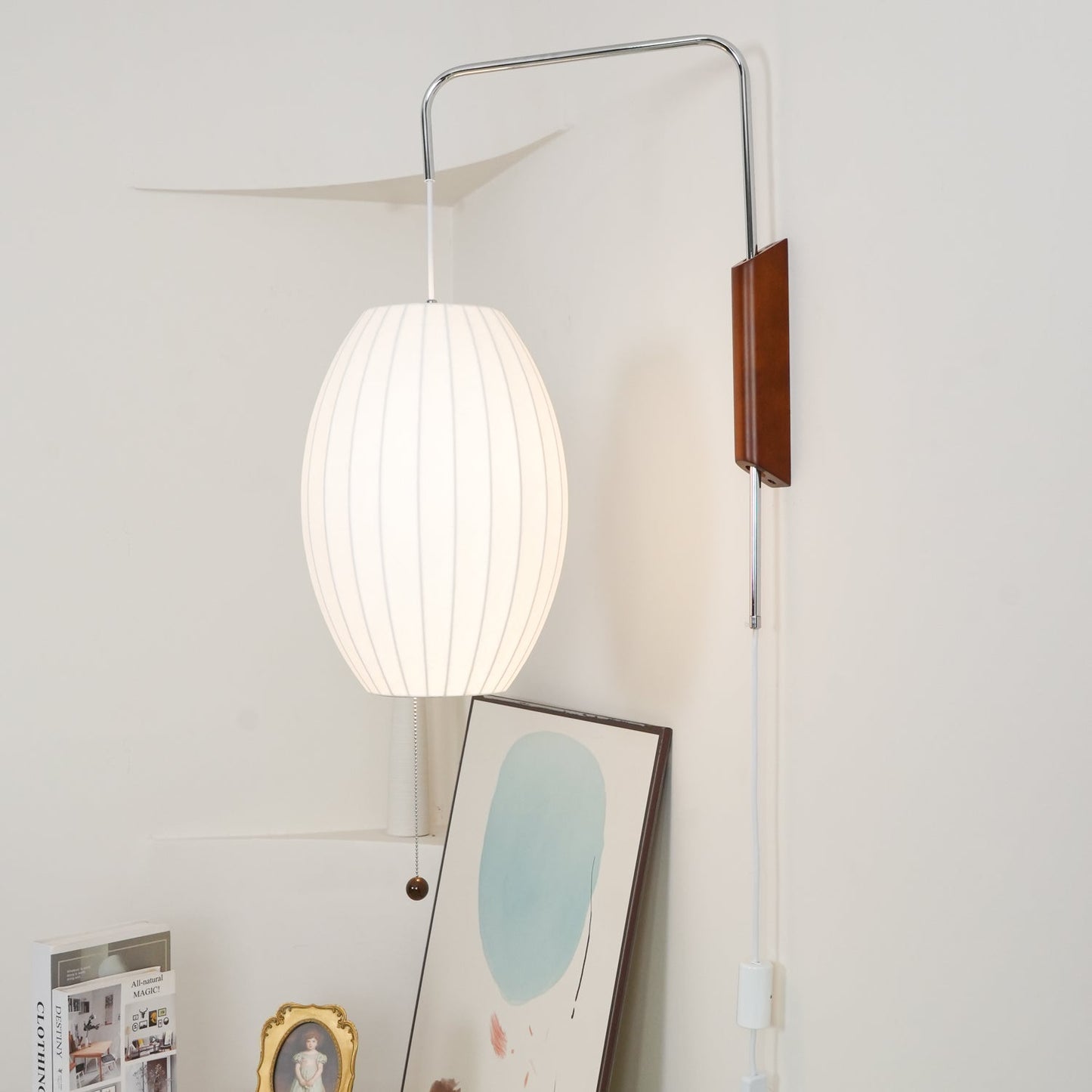 Ribbed Oval Wall Sconce With Pull Chain And Curved Arm