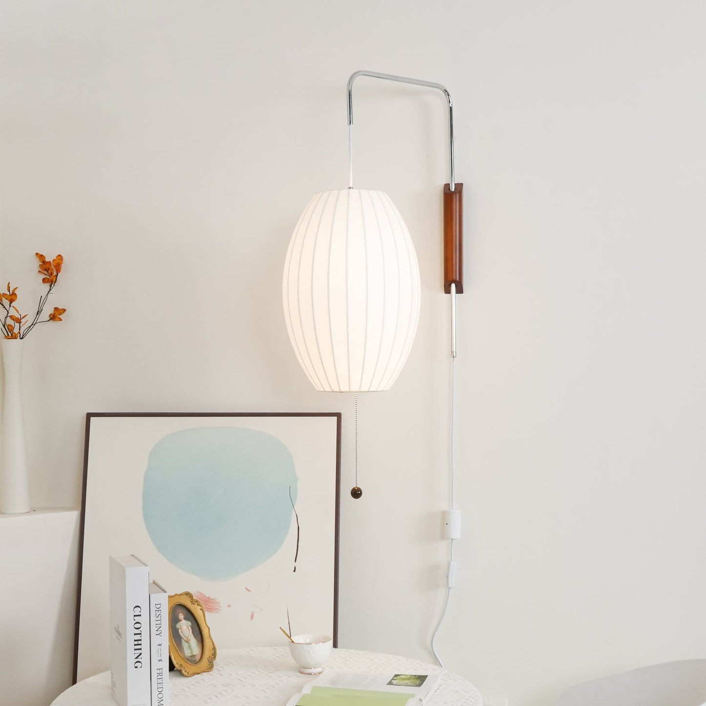 Ribbed Oval Wall Sconce With Pull Chain And Curved Arm