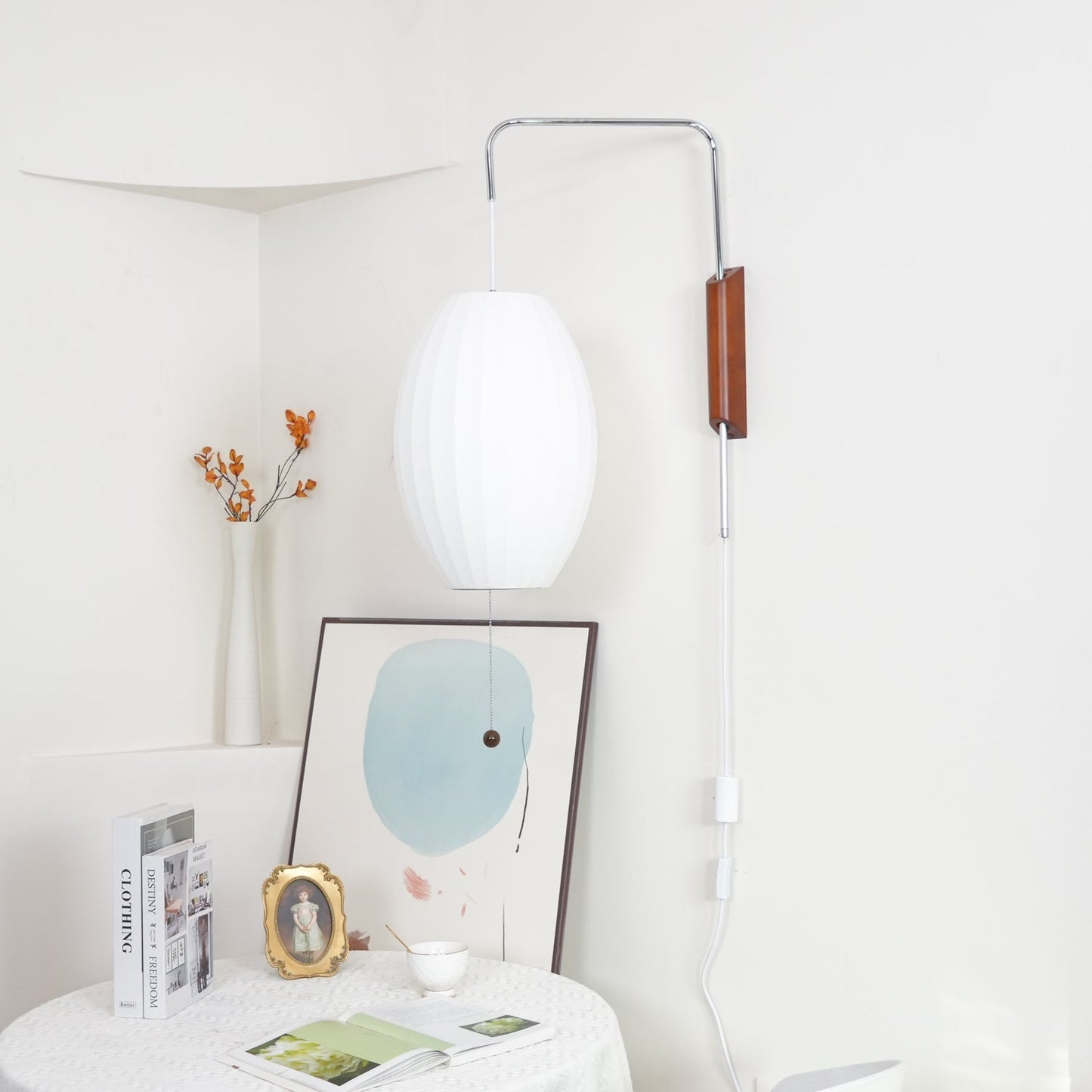 Ribbed Oval Wall Sconce With Pull Chain And Curved Arm