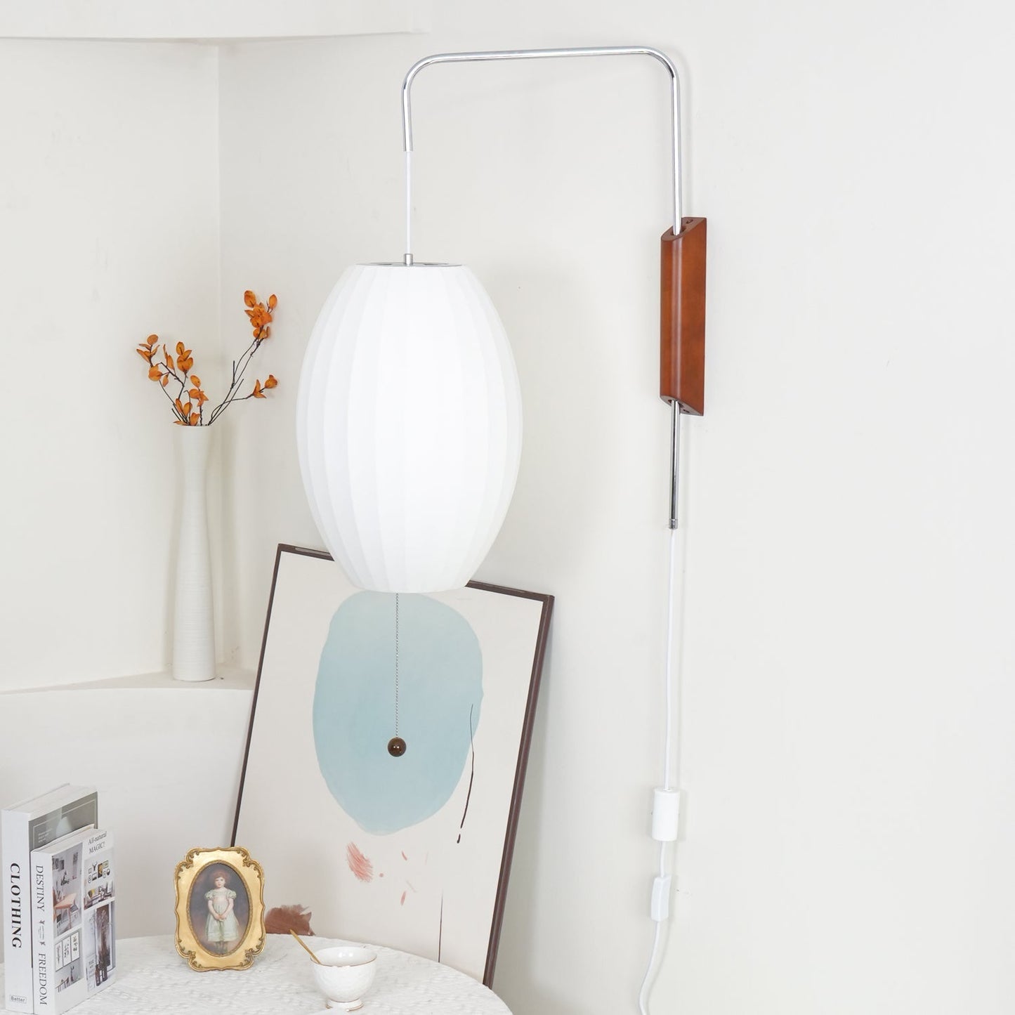 Ribbed Oval Wall Sconce With Pull Chain And Curved Arm