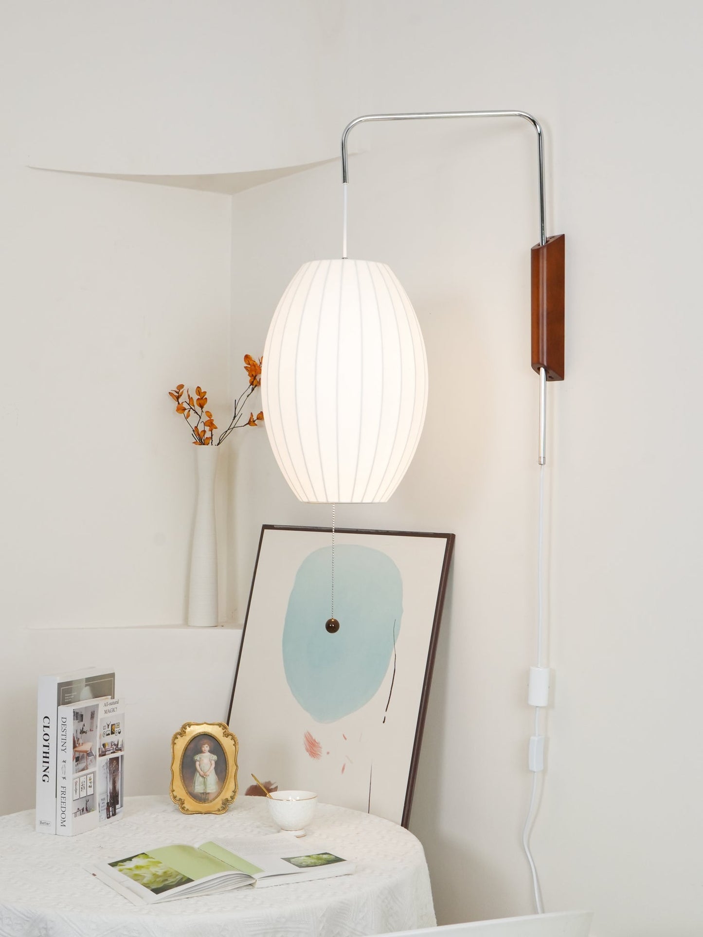 Ribbed Oval Wall Sconce With Pull Chain And Curved Arm