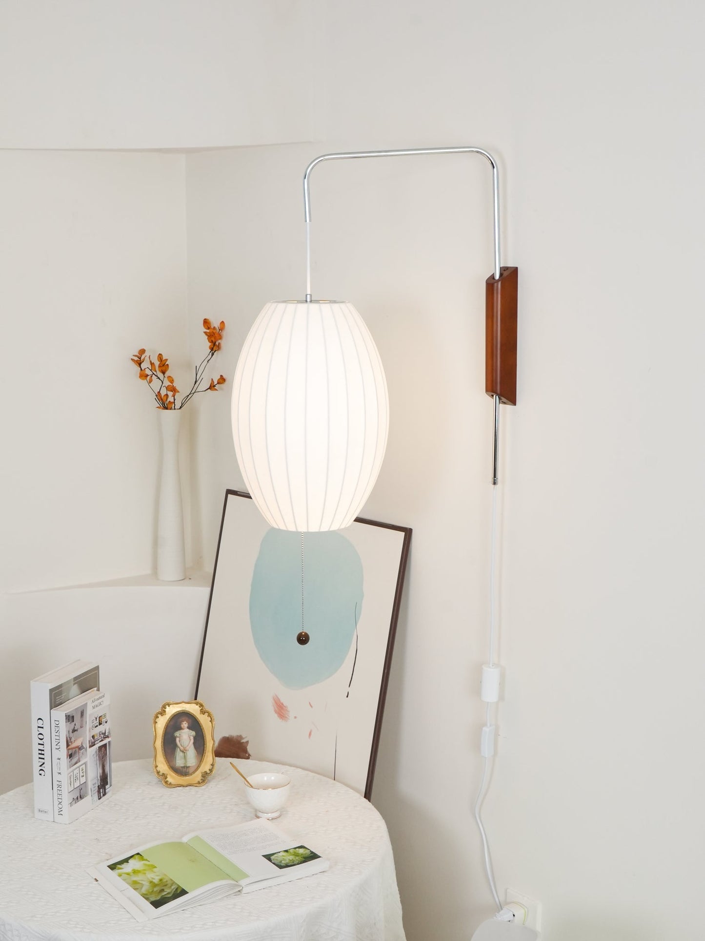 Ribbed Oval Wall Sconce With Pull Chain And Curved Arm