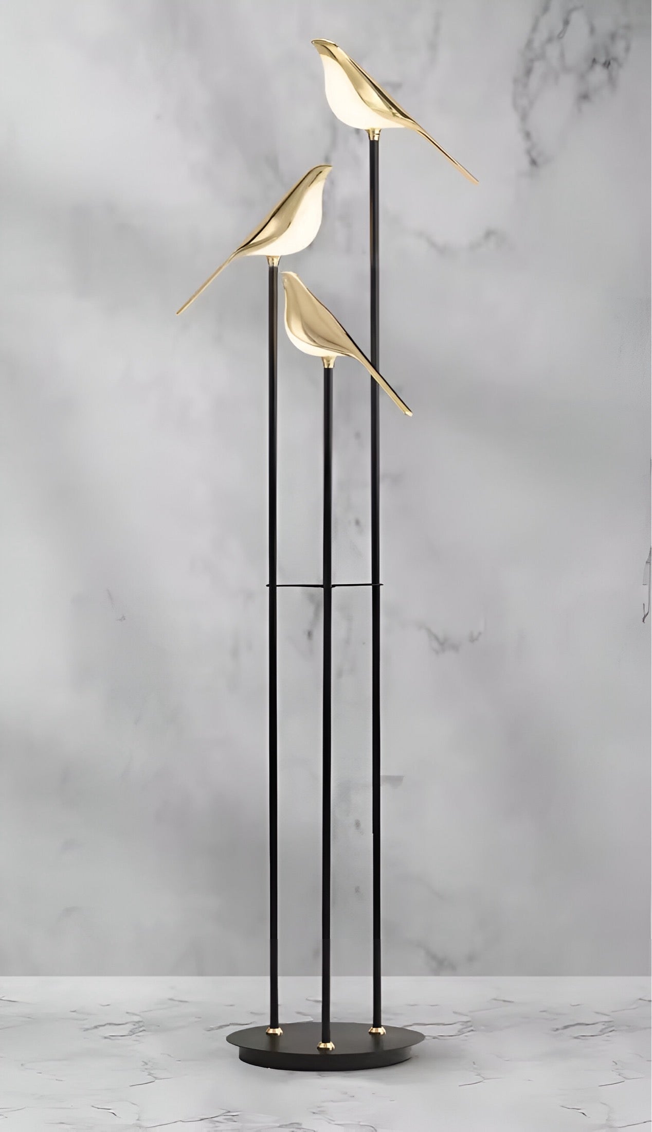 Modern Bird LED Floor Lamp with 3 Light Heads and Gold Accents