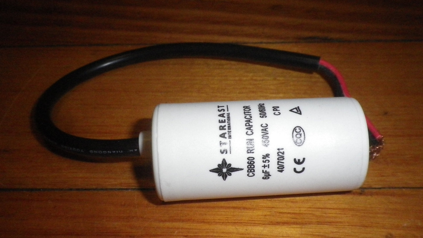 6uF 450Volt Motor Run Capacitor with Wires - Part # CAP006W