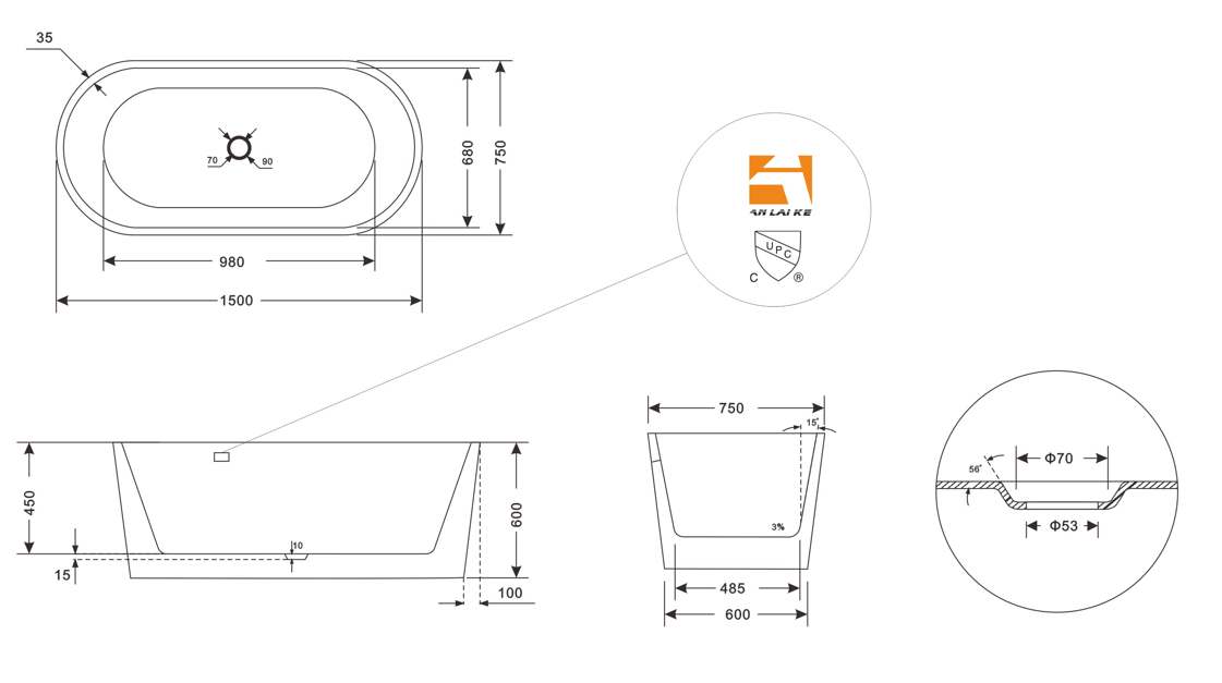 CH 1500mm Fluted Oval Bath - Gloss White