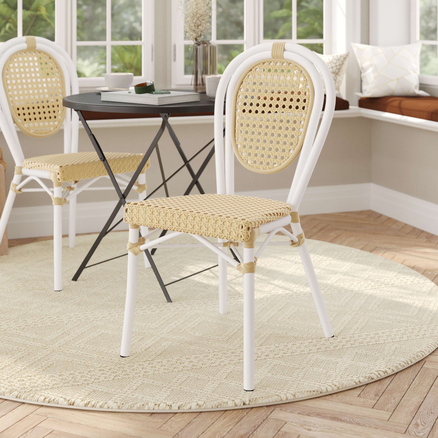 Cannes Indoor/Outdoor Commercial Thonet Bistro Stacking Chair, PE Cane Rattan and Aluminum Frame