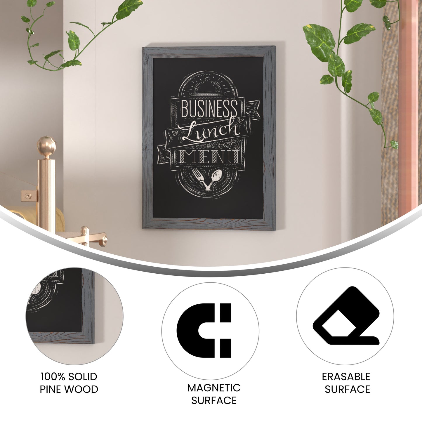 Canterbury Wall Mount Magnetic Chalkboard Sign with Eraser, Hanging Wall Chalkboard Memo Board for Home, School, or Business
