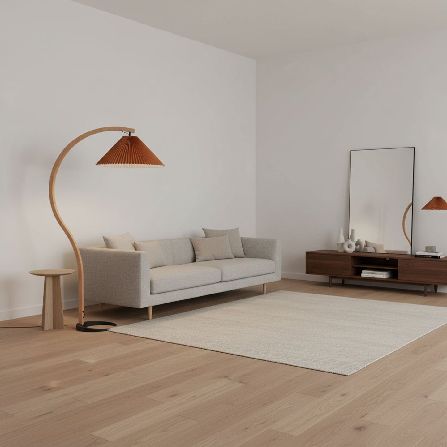 Curved Wooden Floor Lamp With Pleated Shade