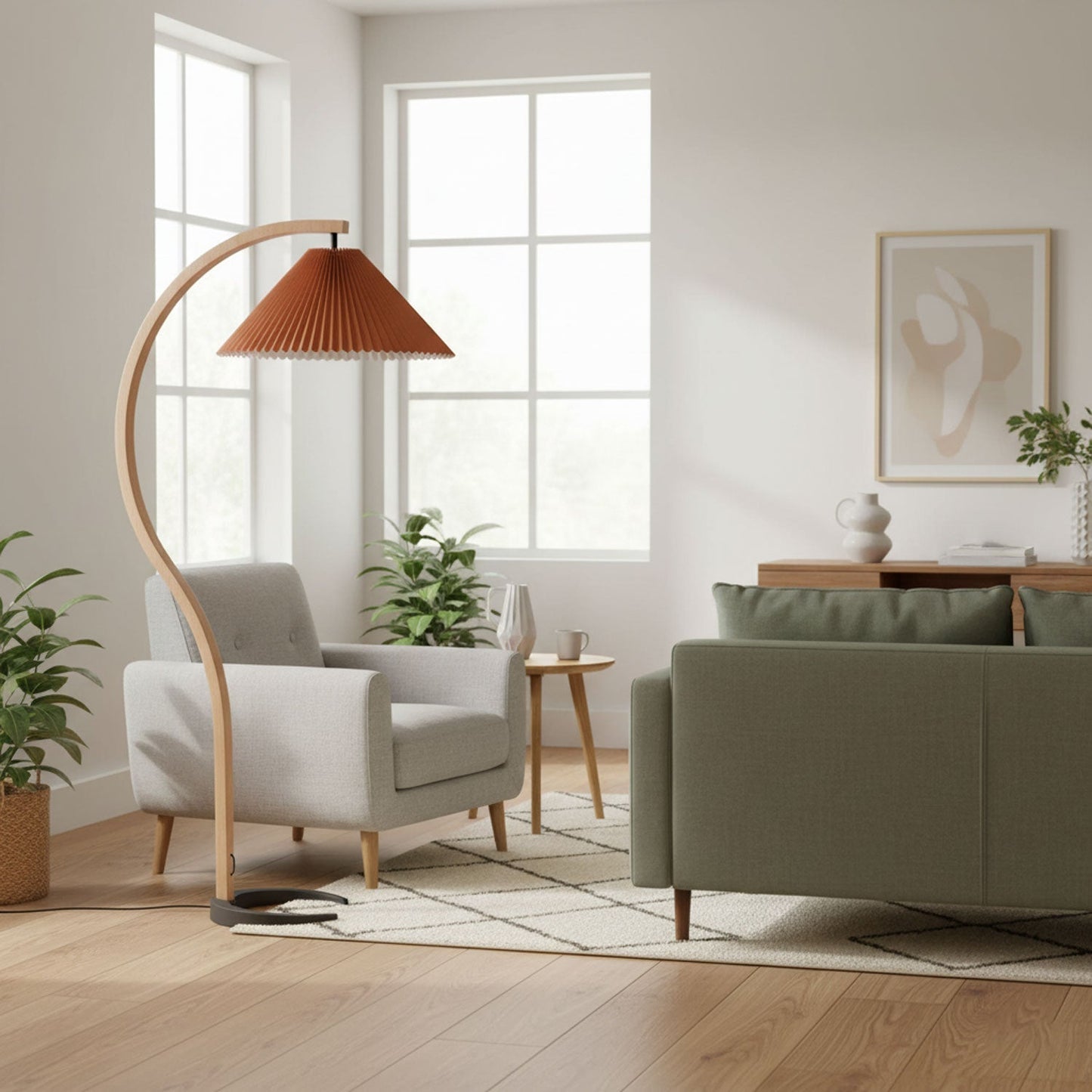 Curved Wooden Floor Lamp With Pleated Shade