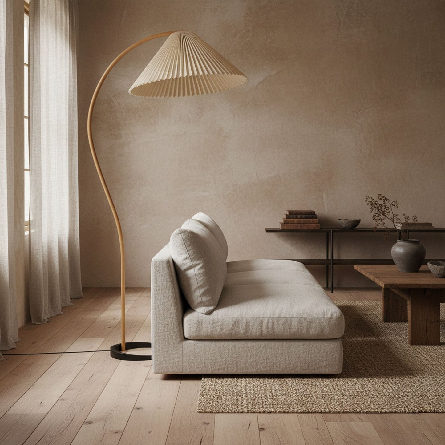 Curved Wooden Floor Lamp With Pleated Shade