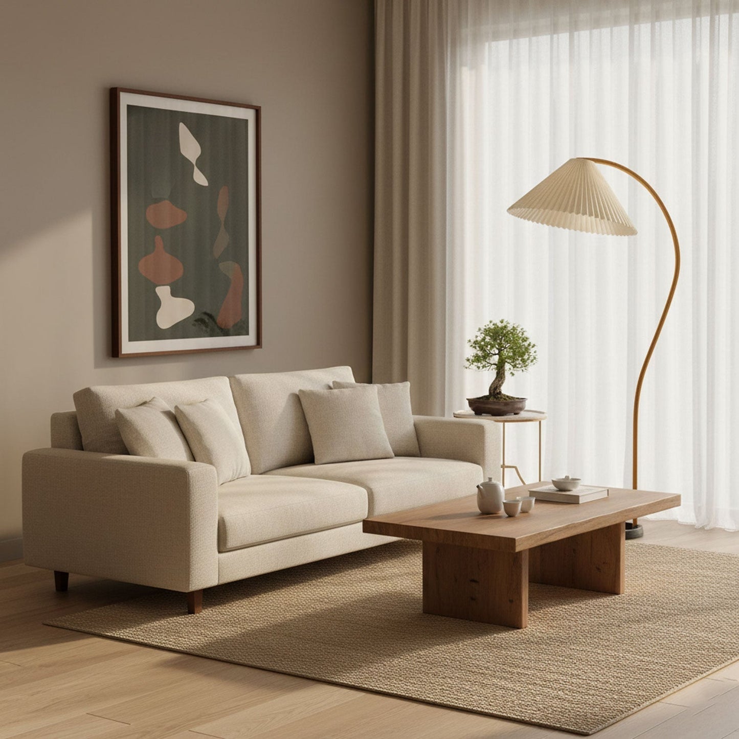 Curved Wooden Floor Lamp With Pleated Shade