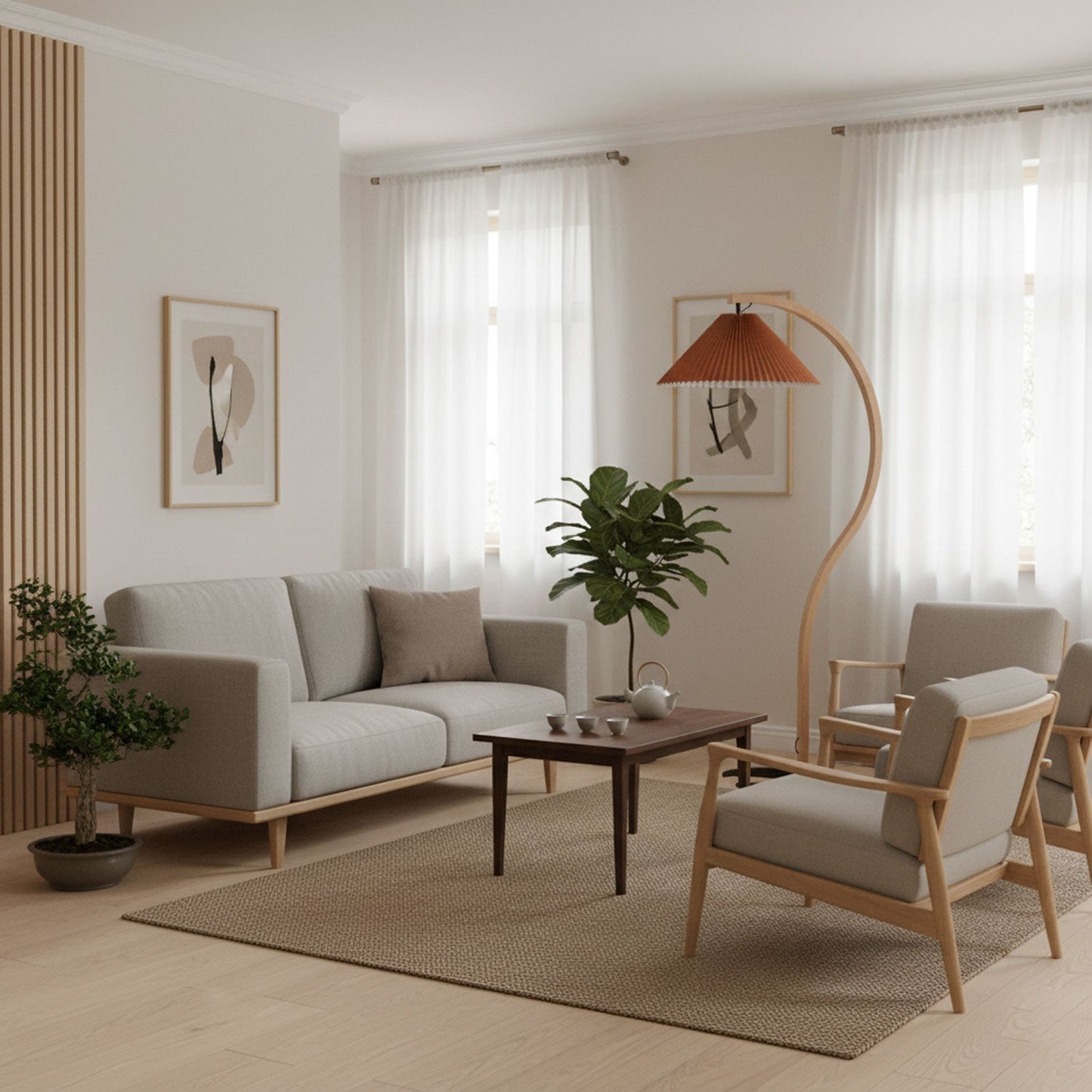 Curved Wooden Floor Lamp With Pleated Shade
