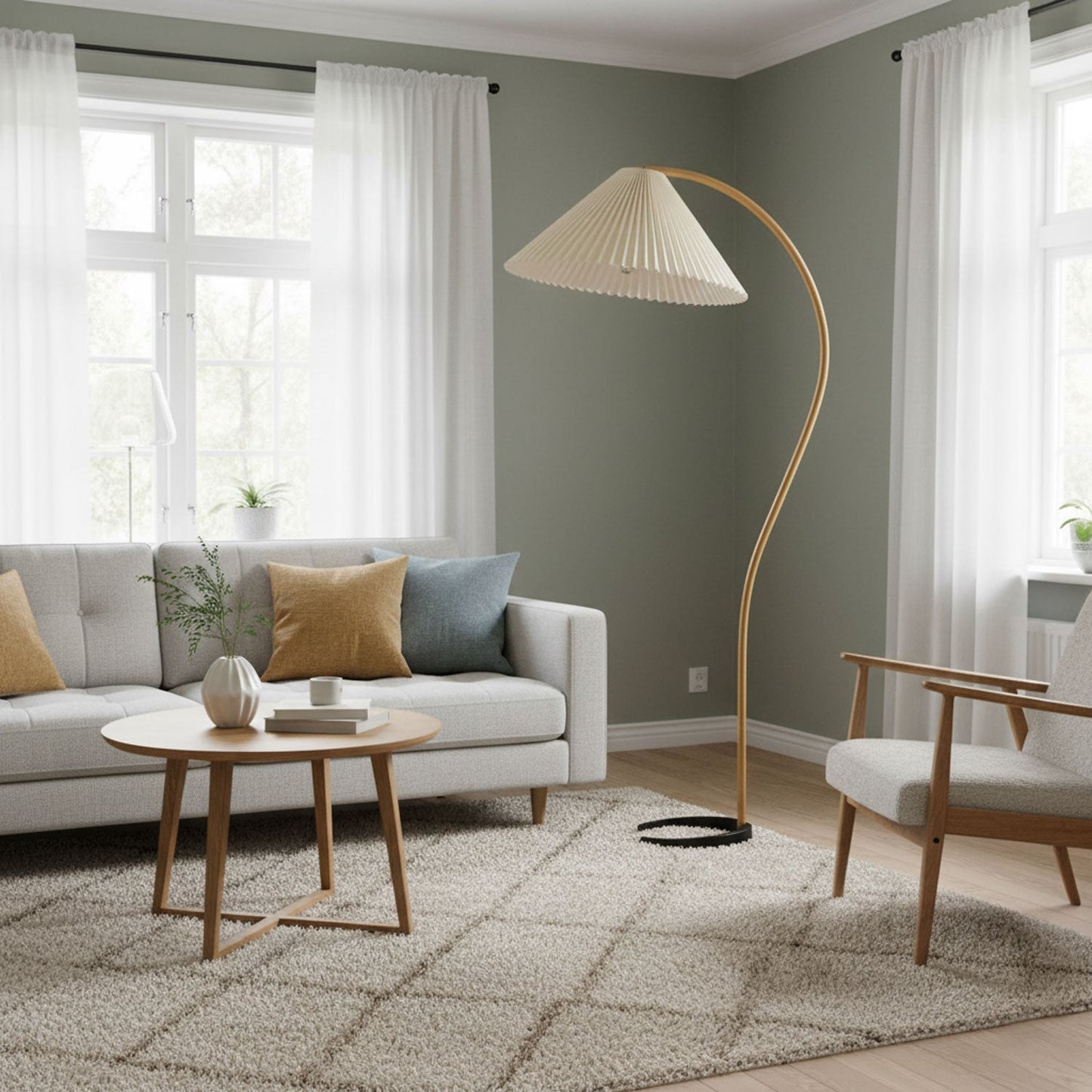 Curved Wooden Floor Lamp With Pleated Shade