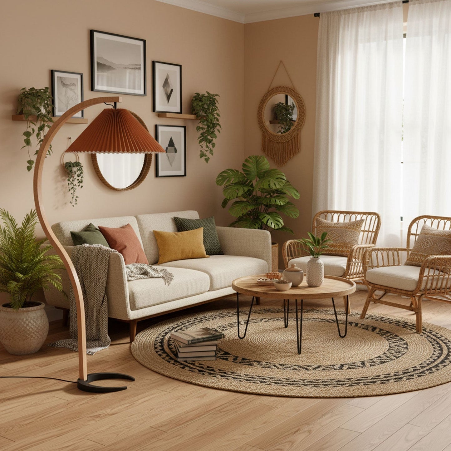 Curved Wooden Floor Lamp With Pleated Shade