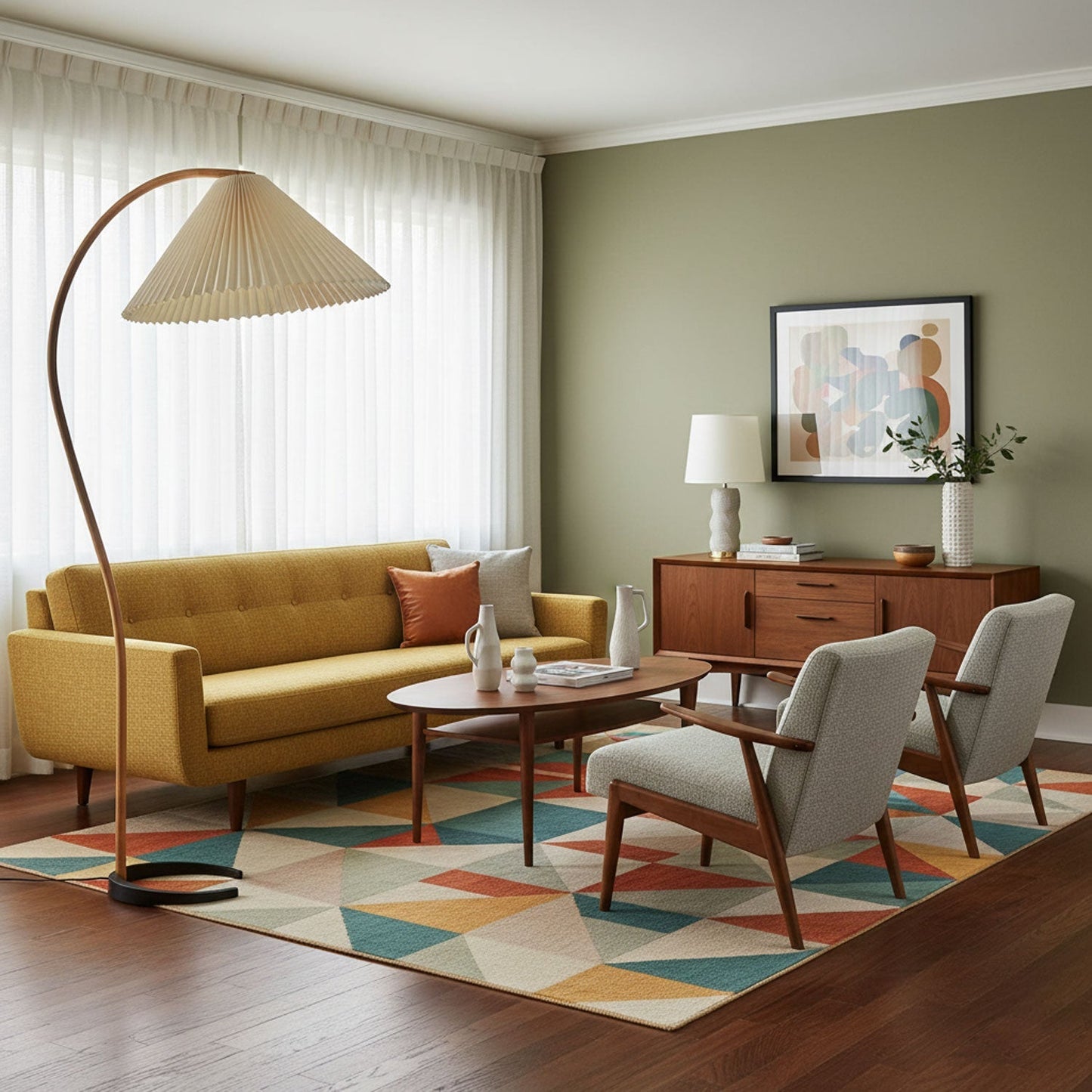 Curved Wooden Floor Lamp With Pleated Shade