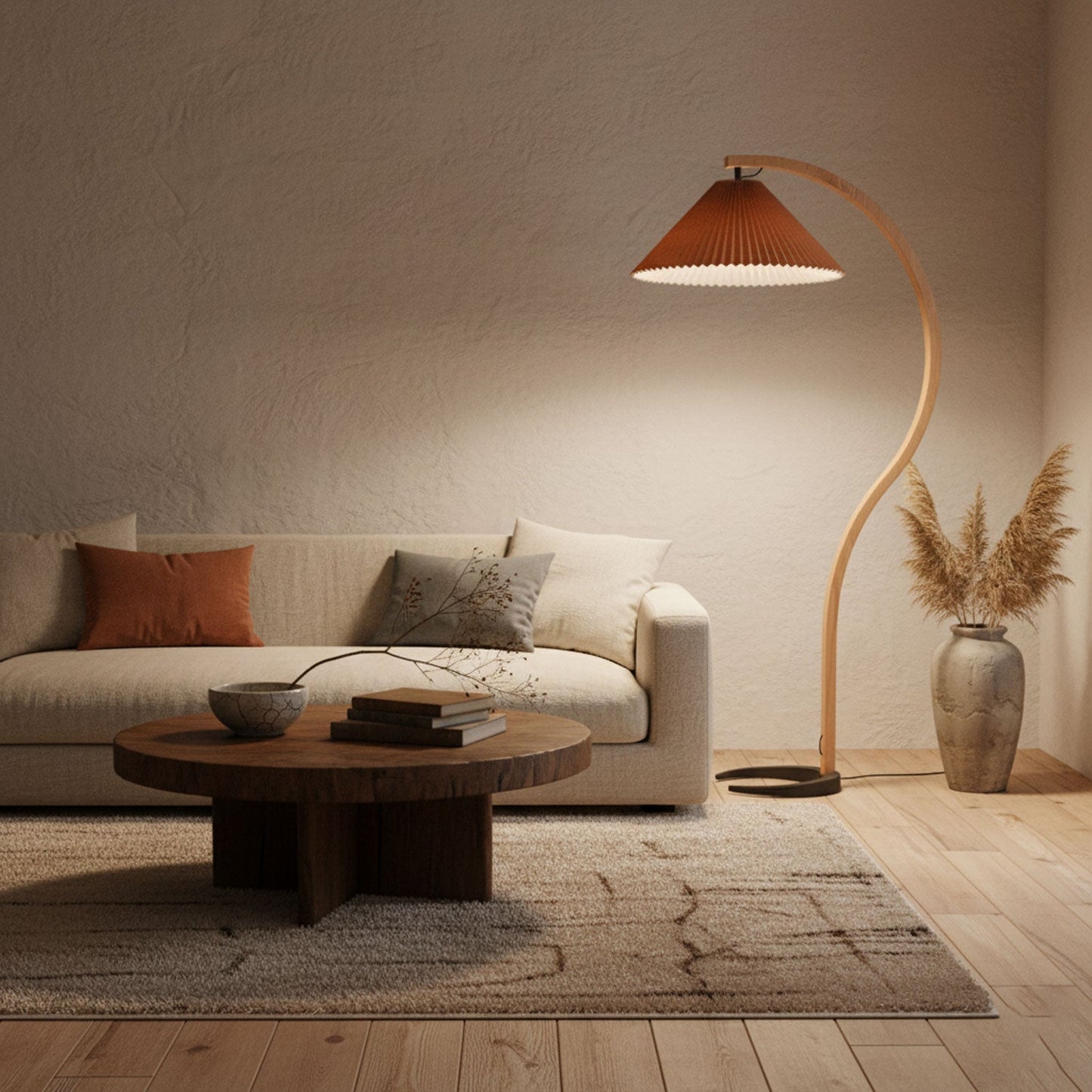 Curved Wooden Floor Lamp With Pleated Shade