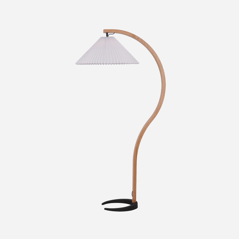 Curved Wooden Floor Lamp With Pleated Shade