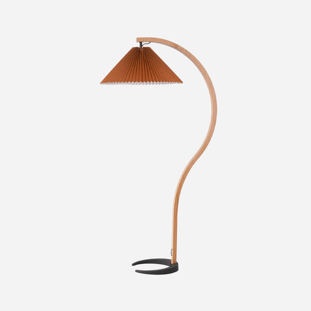 Curved Wooden Floor Lamp With Pleated Shade