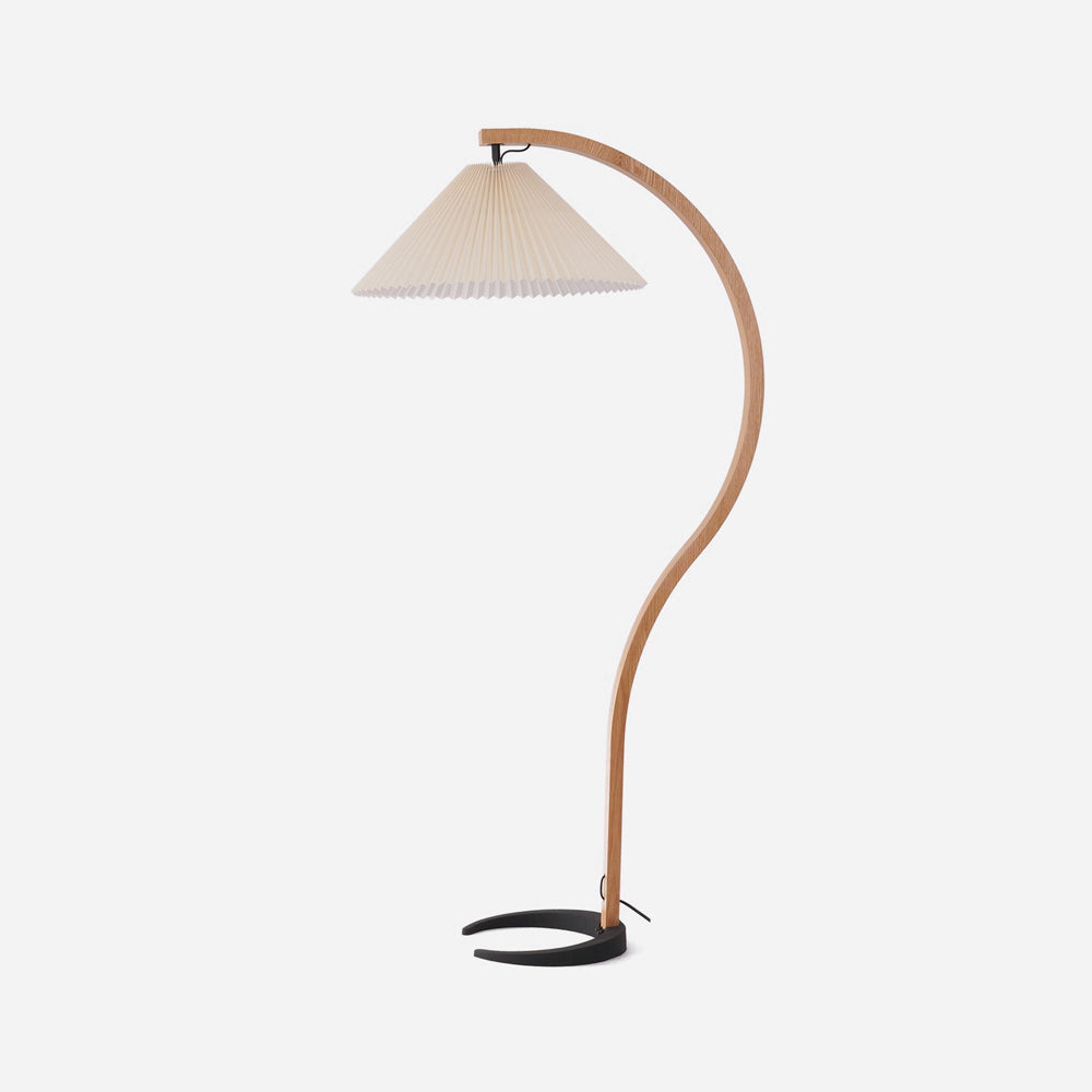 Curved Wooden Floor Lamp With Pleated Shade
