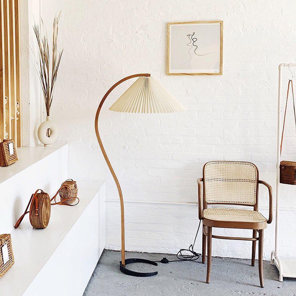 Curved Wooden Floor Lamp With Pleated Shade