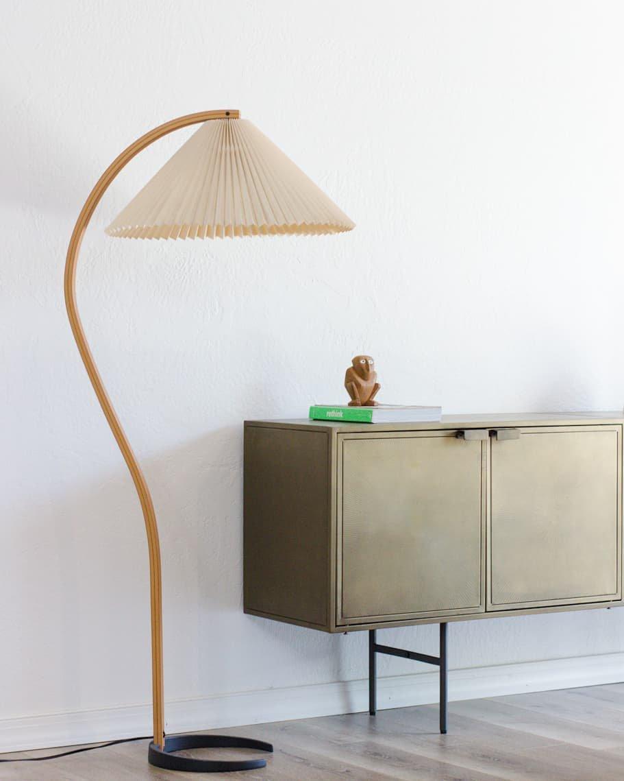 Curved Wooden Floor Lamp With Pleated Shade