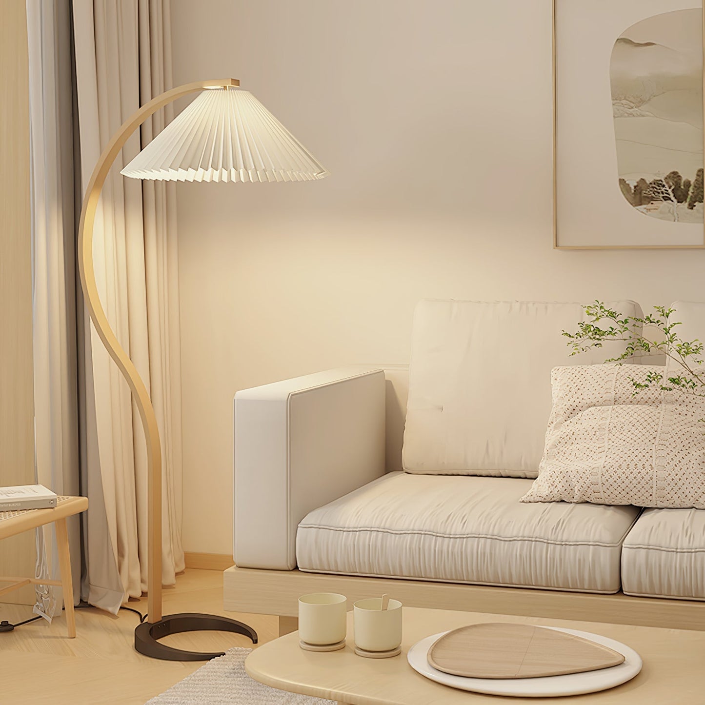 Curved Wooden Floor Lamp With Pleated Shade